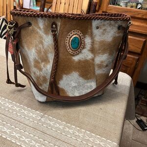 American Darling Brown and White Hair-On Leather Tote with Turquoise Accent